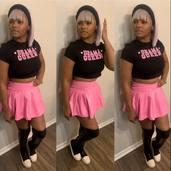 Baby pink pleather leather mini skirt pleated skirt - Picture 6 of 9